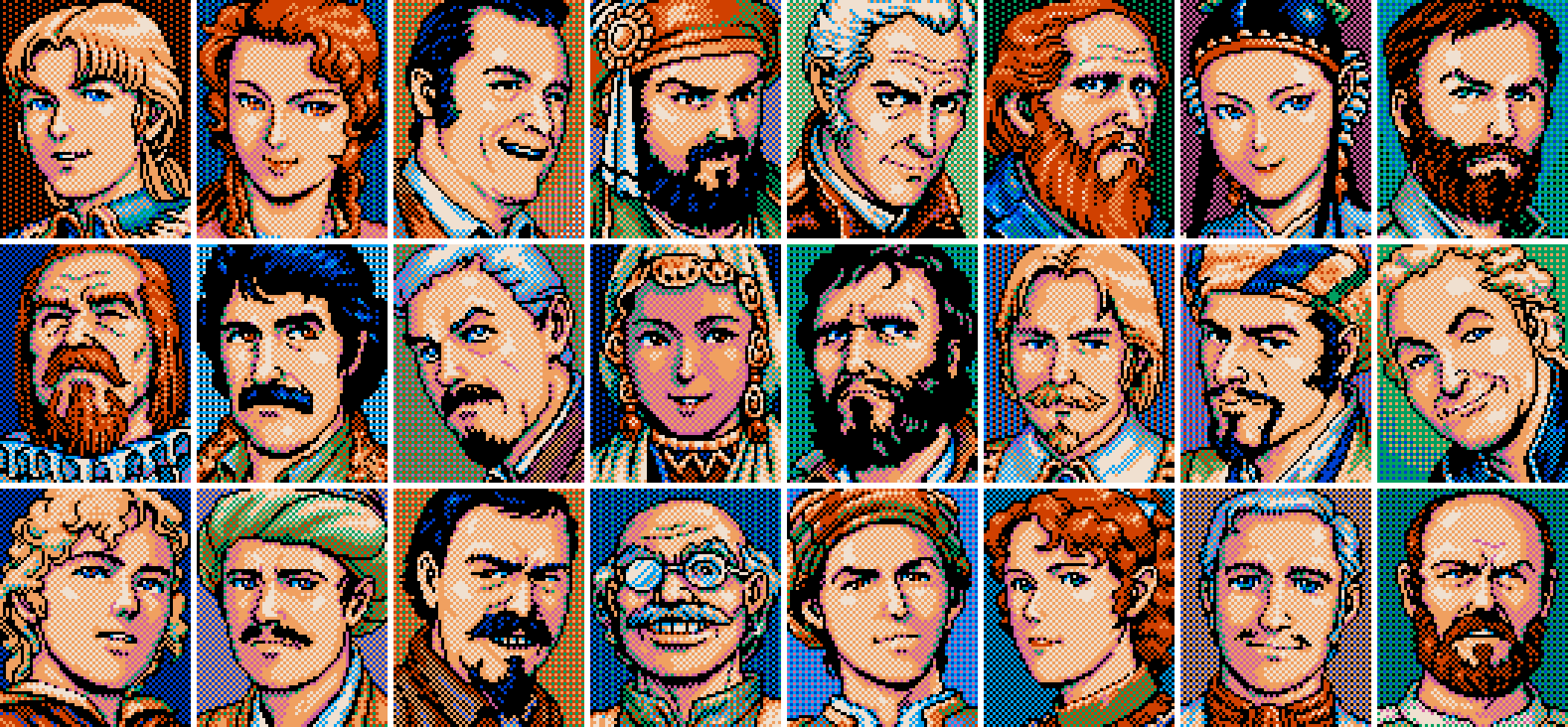 Some of the game’s many character portraits, all drawn using the same eight colors