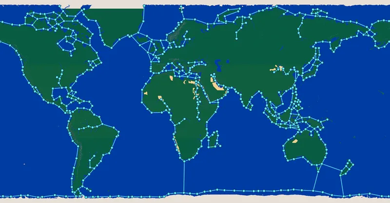 The waypoints computer-controlled fleets navigate by. There’s no direct route across the Atlantic, so fleets bound for the Americas detour via Greenland or Antarctica