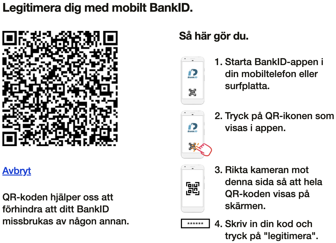 Typical BankID flow, where you need to scan a QR code. This same process must be repeated for each service.